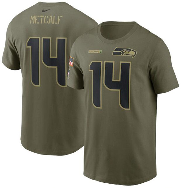 Men's Seattle Seahawks #14 D.K. Metcalf 2021 Olive Salute To Service Legend Performance T-Shirt